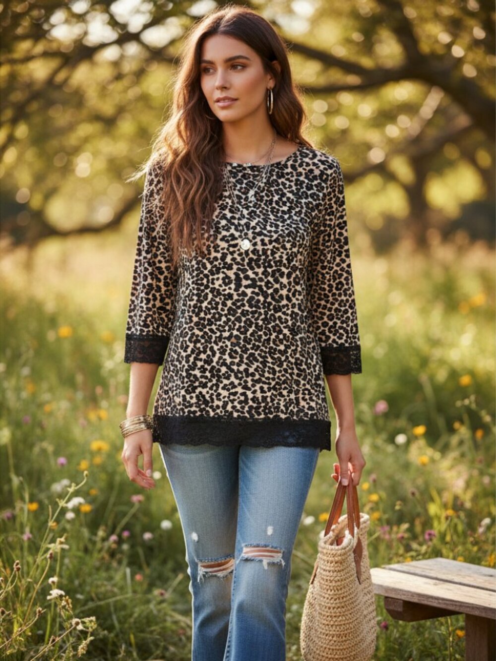 Women's S Top Stretch Animal Print Lace Black Brown Tan Leopard Boho Chic Edgy